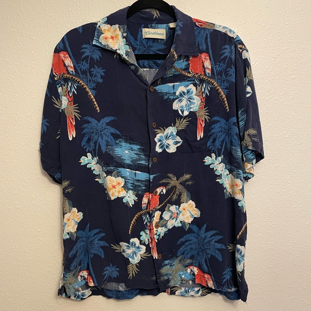 Caribbean Men's Large Navy Blue Hawaiian Shirt Parrot Palm Tree Tropical Print